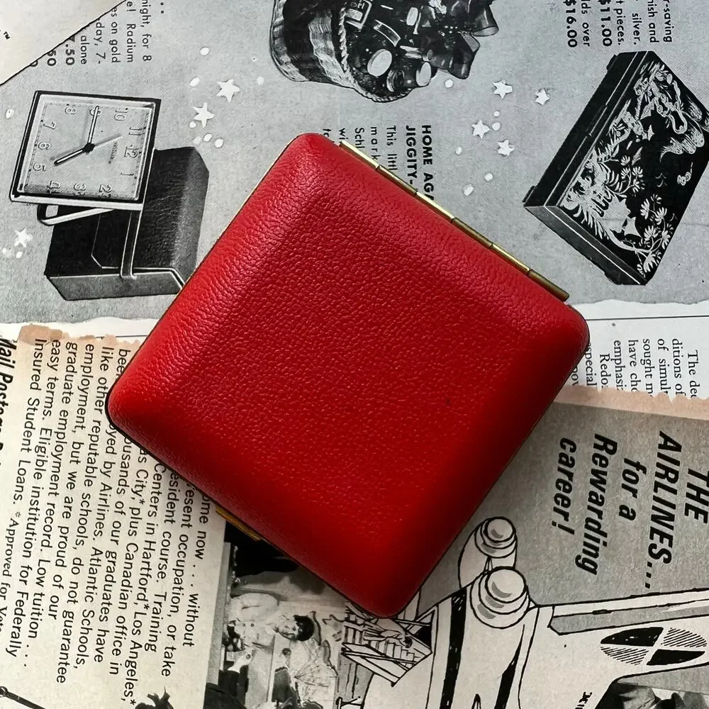 Vintage 1950s Rensie Red Travel Alarm Clock Japan Brass Folding Case Working